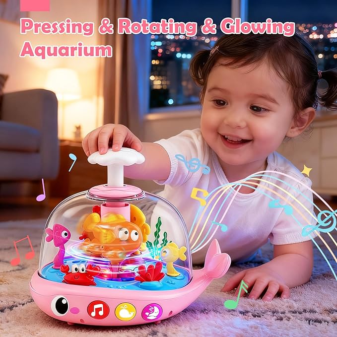 Baby Girl Toys 6-12 Months - Press & Spin Aquarium Light Up Musical Toy for Infant Toy 9-12-18 Months - Bilingual Learning Toddler Toys for 1 2 3 Year Old Boy Girl (Pink)