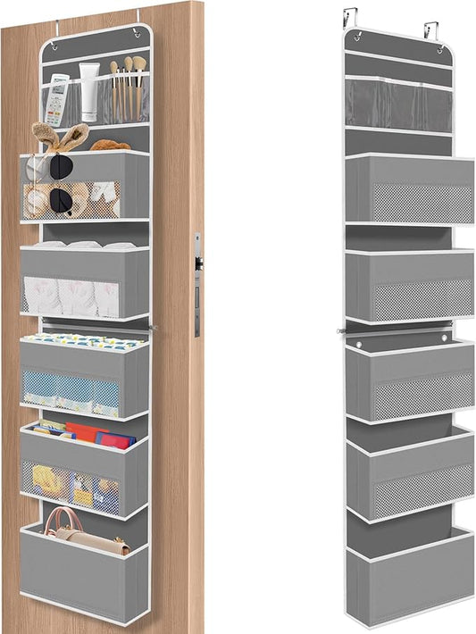 6-Tier Over The Door Organizer, Hanging Storage Organizer with Clear Window, 40lb Ultra Sturdy Large Capacity Room Organizer for Pantry Bathroom Nursery Closet Baby Essential (Grey)