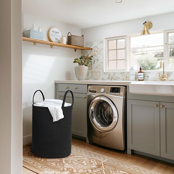 Black Woven Laundry Basket, 15"x18" Tall Basket for Blankets, Wicker Hamper for Bedroom Aesthetic, Decorative Storage Hamper for Clothes, Towel, Rope Storage Bin for Living Room, Bathroom