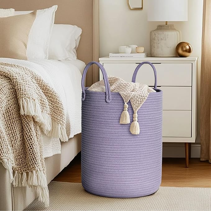 Purple Woven Laundry Basket, 15"x18" Large Cotton Rope Storage Basket for Blankets Pillows Toys, Decorative Baby Nursery Clothes Hamper for Living Room Bedroom, Kids Tall Luandry Hamper