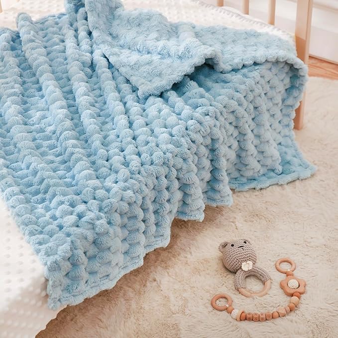HOMRITAR Baby Blanket for Boys or Girls 3D Jacquard Fluffy Fuzzy Soft Warm Cozy Flannel Fleece Warm Blanket for Nursery, Stroller Toddler Bedding (30 x 40 Inch, Blue)