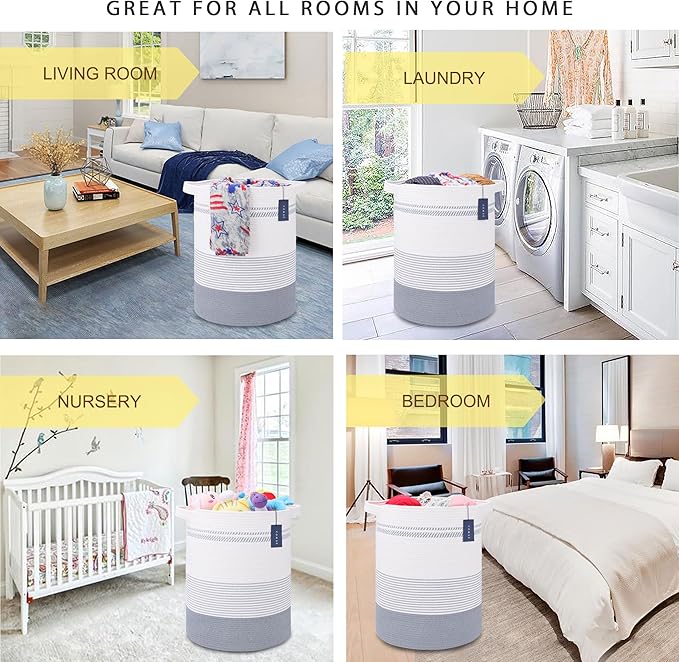 COMSE Extra Large Blanket Basket, Tall Laundry Basket, Nursery Hamper, 15.7”x 21.7”, Cotton Rope Woven Laundry Hamper for Storage Toys Clothes Towels, Light Gray & White