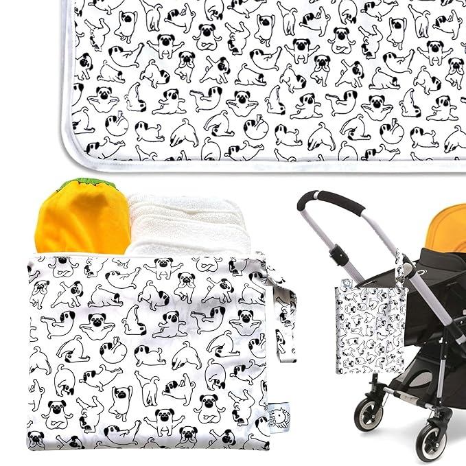 Flock Three Waterproof Baby Diaper Changing Pad with Storage Bag (43.3" X 28.7") Washable Wipeable Reusable Leak Proof Diaper Travel Mat Station Changing Mattress Liner Cribs Bed Cover, Dogs