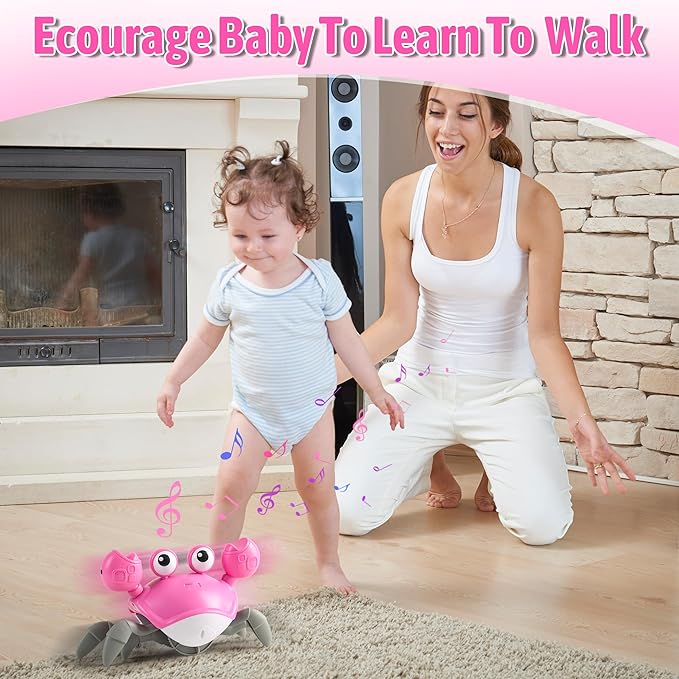 Crawling Crab Baby Girl Toy: Tummy Time Toys for Infant 3 6 9 12 18 24 36 Months, Pink Walking Dancing Sensing Crab for Toddler Age 1 2 3, 1st Music Birthday Gift for Girl, Christmas Stocking Stuffers