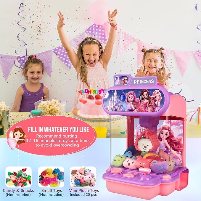 Claw Machine for Kids,Mini Vending Machines Girls Princess Toys,Candy Grabber Prize Dispenser Girl Toys, Electronic Arcade Game with 20 Mini Plush Toy for Party Easter Birthday Gifts (Princess-B)