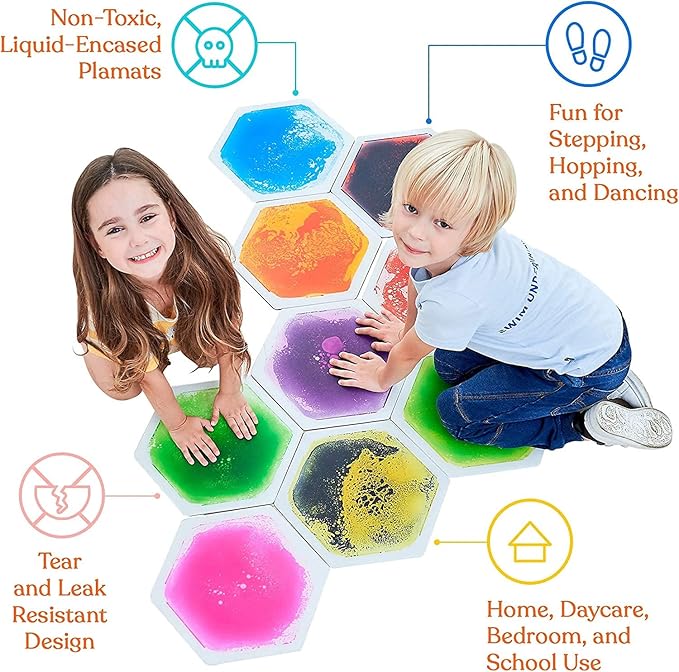 Special Supplies Hexagon Floor Liquid Tiles for Kids, Set of 9, Colorful Early Learning Activity Mats for Toddlers and Children, Anti-Slip Backing for Active Play, Dance, and Games