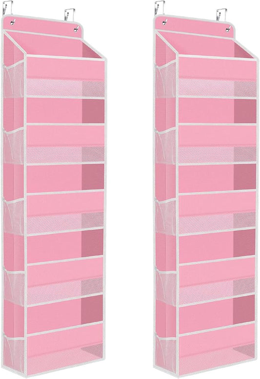 2 Pack Over The Door Organizer Hanging Storage Organizers with Clear Window 40lb Large Capacity Room Organizer for Pantry Laundry Bathroom Nursery Closet(Pink)