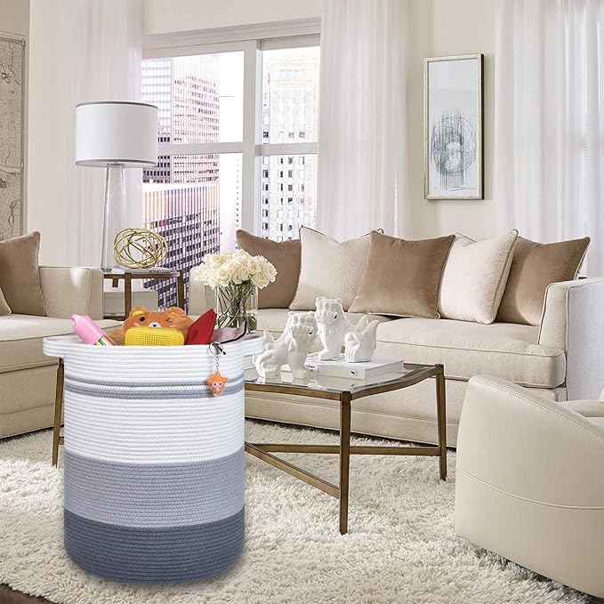 COMSE Extra Large Blanket Basket, Tall Laundry Basket, Nursery Hamper, 15.7”x 21.7”, Cotton Rope Woven Laundry Hamper for Storage Toys Clothes Towels, Gradient Gray