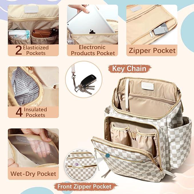 Checkered Diaper Bag Backpack Large Baby Diaper Bag Leather with 17 Diaper Bag Organizing Pouches,Changing Pad,Stroller Straps,4 Insulated Pockets,Beige&Honey