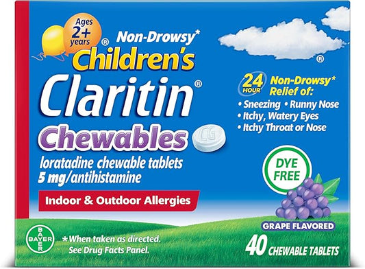 Claritin Children's Allergy Medicine, 24-Hour Non-Drowsy Loratadine 5mg Chewable Tablet, Antihistamine for Kids Ages 2 Years and Older, Grape Flavored, 40 tablets
