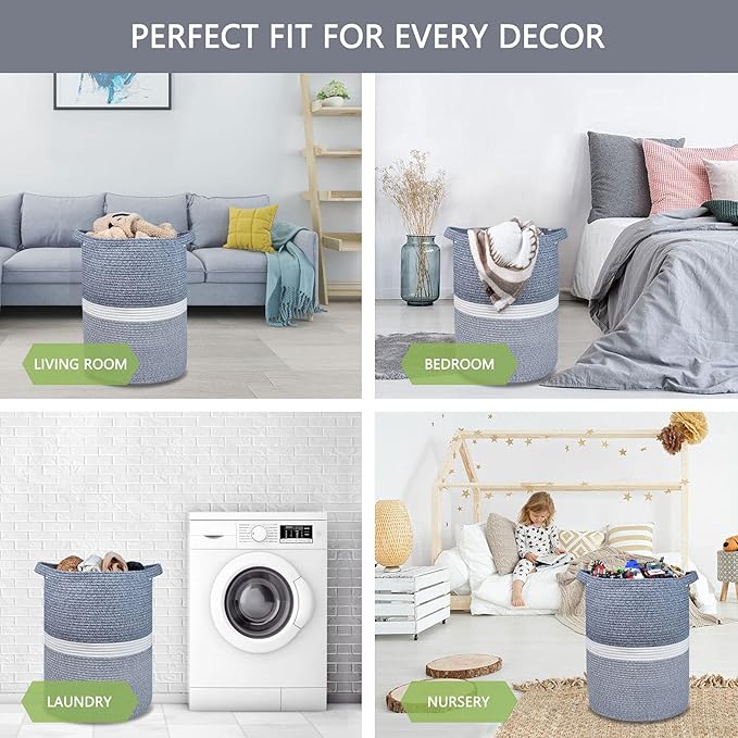 Large Blanket Basket, Nursery Hamper, Tall Laundry Basket 72L, Cotton Rope Woven Laundry Hamper for Storage Toys Clothes Towels, 16”x 22”, Blend Navy Blue & White