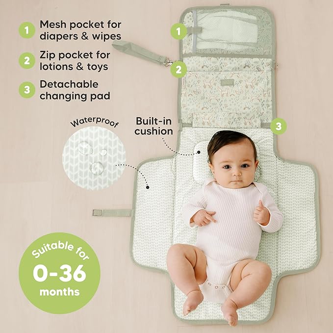 KeaBabies Portable Diaper Changing Pad - Large Waterproof Baby Changing Mat, Compact Travel Diaper Clutch, Functional Pockets Fit Newborn Essentials, Wipeable & Padded Baby Changer (Fox Vale)
