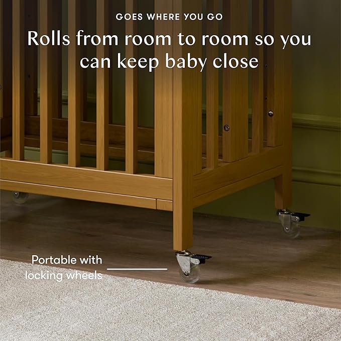 babyletto Rolli 9-in-1 Convertible Baby Crib w/Wheels - Includes Pad & Conversion Kits for Bassinet, Standard Crib, Toddler Bed, Daybed & Junior Bed - GREENGUARD Gold - 3 Adjustable Heights - Honey