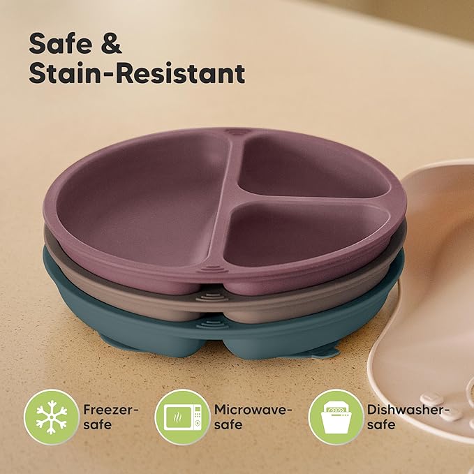 KeaBabies Suction Plates for Baby, Toddler - 3-Pack 100% Silicone Toddler Plates with Suction, Divided, BPA-Free Baby Led Weaning Essentials for Kids, Dishwasher, Microwave Safe, Durable (Rocky)