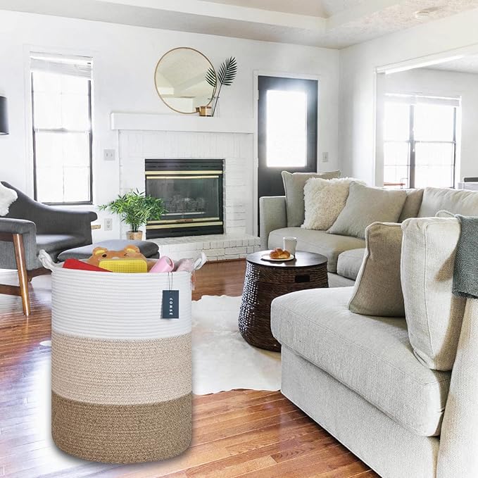 COMSE Extra Large Blanket Basket, Tall Woven Storage Basket, Nursery Hamper, 15.7”x 21.7”, Cotton Rope Laundry Hamper for Toys Clothes Towels, White/Gradient Brown