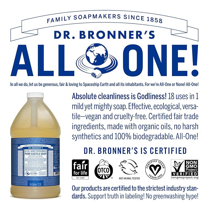 Dr. Broner’s- Pure-Castile Magic Liquid Soap (Peppermint 64,oz)- Made with Regenerative Organic Certified Oils- For Hand, Body, Face, Laundry, Pets & Dishes- Concentrated, Vegan, Non-GMO