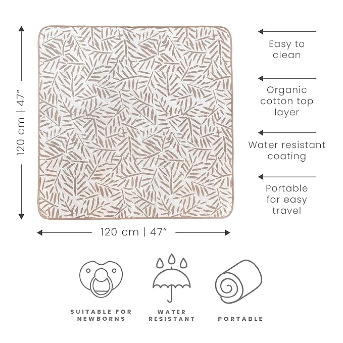 Toddlekind Portable Baby Mat – Organic Cotton 47" x 47" Reversible Indoor/Outdoor Playmat for Babies, Toddlers, Picnics, Patio, and Garden Use 0m+ Tan (Taupe)