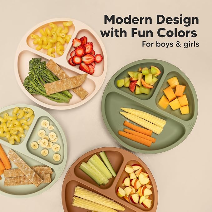 KeaBabies Suction Plates for Baby, Toddler - 3-Pack 100% Silicone Toddler Plates with Suction, Divided, BPA-Free Baby Led Weaning Essentials for Kids, Dishwasher, Microwave Safe, Durable (Amethyst)