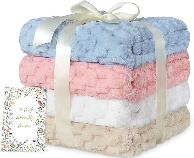 HOMRITAR 4 Pcs Baby Fuzzy Blanket 3D Jacquard Fluffy Blankets for Boy Girls, Soft Warm Cozy Flannel Fleece Warm Blanket Nursery, Stroller Toddler Bedding, 30 x 40 Inch (Blue, Cream, Pink, Khaki)