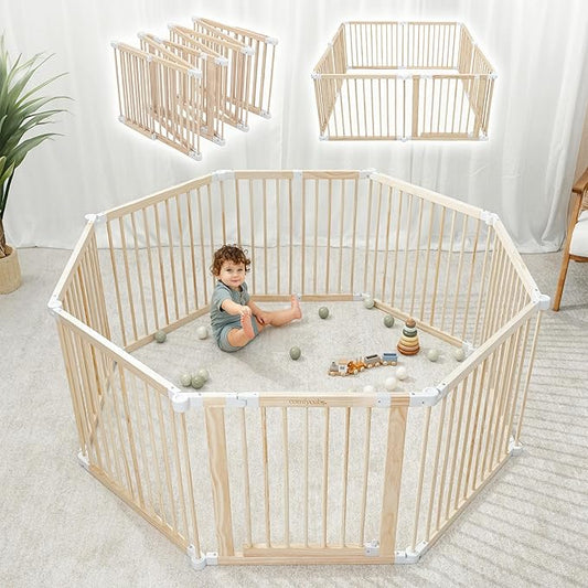 Comfy Cubs Baby Gate Playpen - 57 x 57 x 25 in, Extends Up to 228” - Pine Wood Foldable Playpen with Child-Proof Lock - Easy Assembly Baby Fence Play Area for Babies & Toddlers - Light Wood White