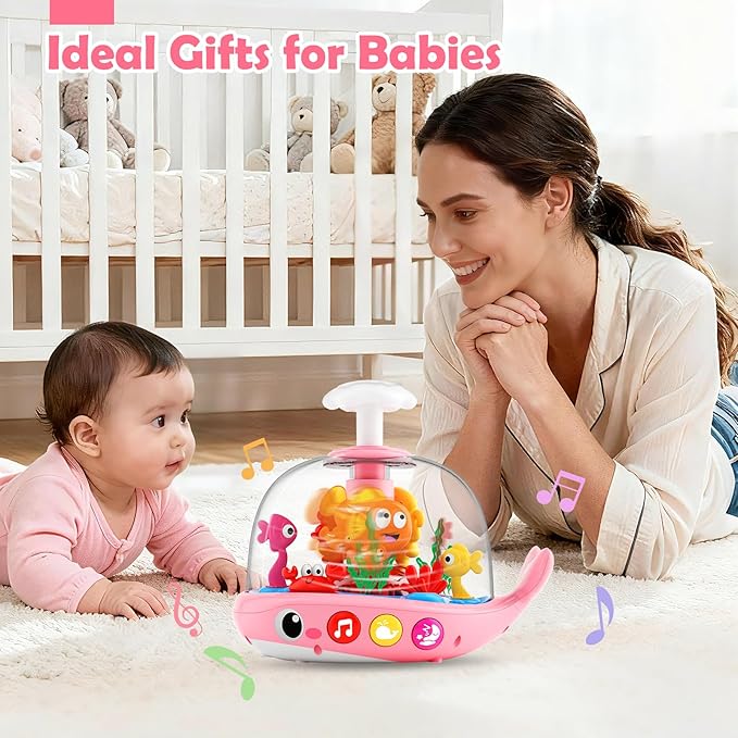Baby Girl Toys 6-12 Months - Press & Spin Aquarium Light Up Musical Toy for Infant Toy 9-12-18 Months - Bilingual Learning Toddler Toys for 1 2 3 Year Old Boy Girl (Pink)