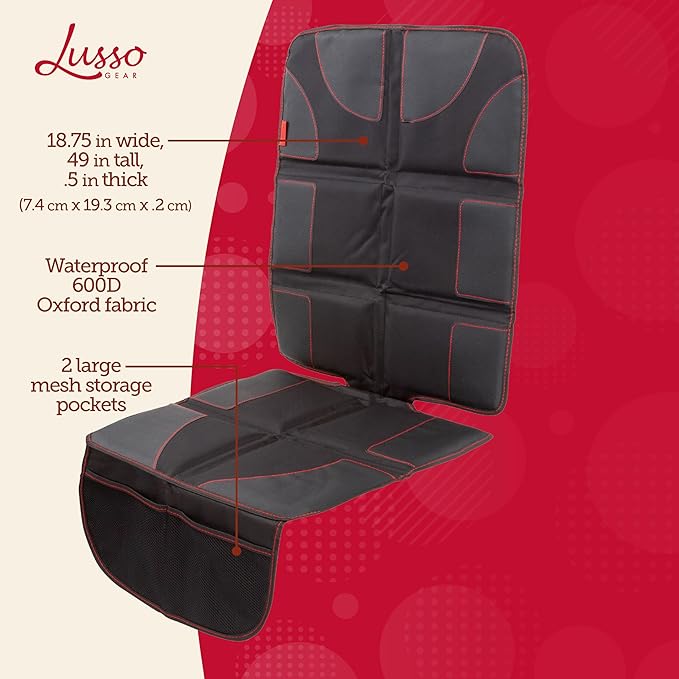 Lusso Gear Car Seat Protector - 1-Pack, Black with Red Stitching, Universal Fit - Waterproof Car Seat Cover & Backseat Protector with 8-Layer Padding & Non-Slip Backing - 2 Mesh Pockets for Travel