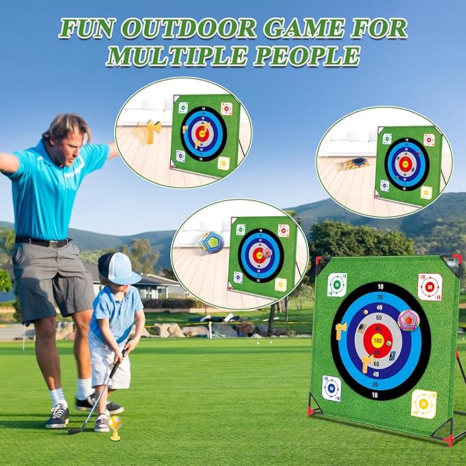 Mostop Golf Chipping Game with Stand - Golf Target Battle Game with Putting Mat, 12 Sticky Balls, 6 Axes, 2 Soccer Balls, 8 Bean Bags, Outdoor Golf Yard Game for Chipping Practice for Dads Golfers