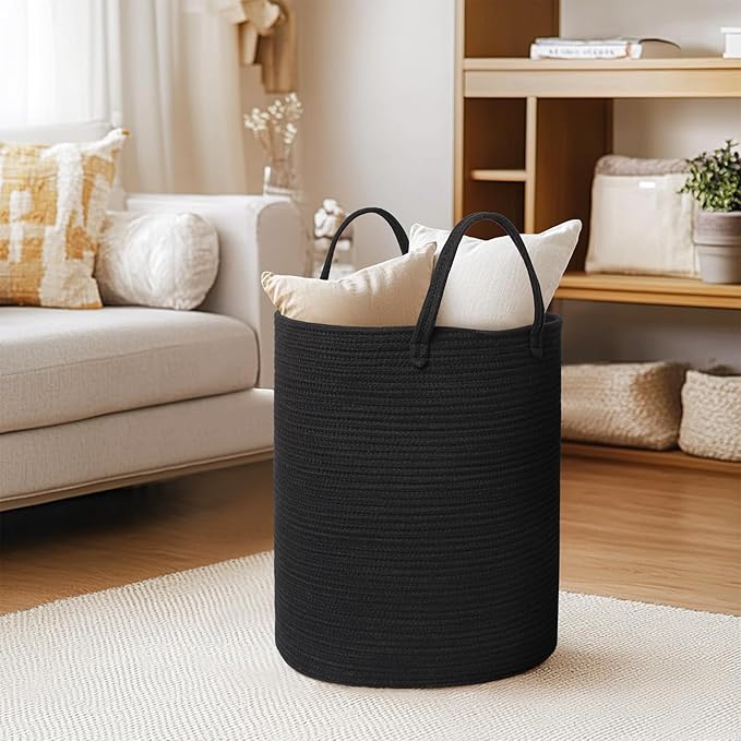 Black Woven Laundry Basket, 15"x18" Tall Basket for Blankets, Wicker Hamper for Bedroom Aesthetic, Decorative Storage Hamper for Clothes, Towel, Rope Storage Bin for Living Room, Bathroom