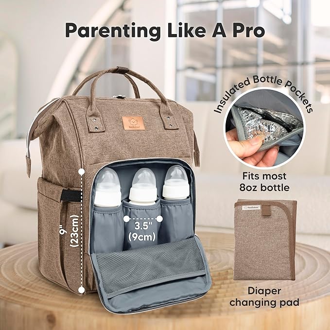 KeaBabies Baby Diaper Bag Backpack - Large Baby Bag for Boys, Girls, Waterproof Multi Function Travel Diaper Backpack with Changing Pad, Durable Travel Essentials for Moms and Dads (Coffee Brown)