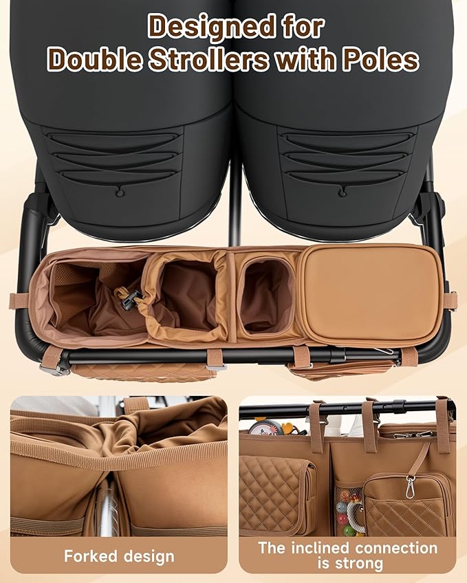 kcross Double Stroller Organizer Bag for Bob Duallie and Baby Jogger City Mini Gt2, Double Stroller Caddy Organizers with Cup Holder,Parent Console Stroller Accessories with Cooler Pockets
