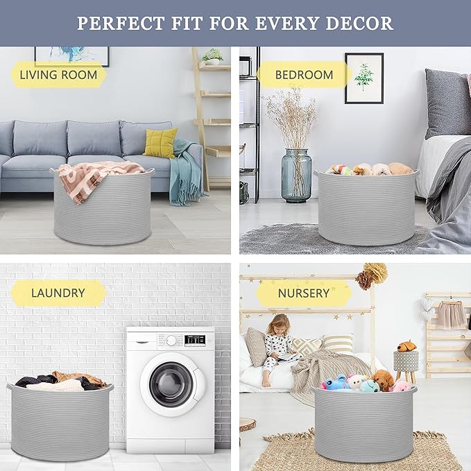 Extra Large Blanket Basket 87L, Laundry Hamper, Baby Nursery Hamper for Storage Toys Clothes Towels, Large Cotton Rope Laundry Basket for Girls Boys, 22”x 14”, Light Gray