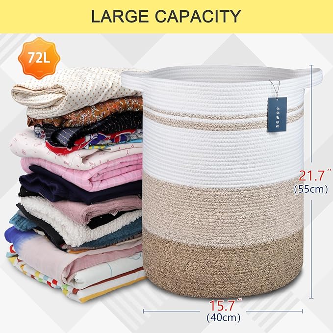 COMSE Extra Large Blanket Basket, Tall Laundry Basket, Nursery Hamper, 15.7”x 21.7”, Cotton Rope Woven Laundry Hamper for Storage Toys Clothes Towels, Gradient Brown