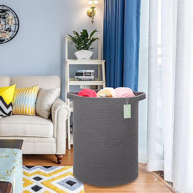 Large Cotton Rope Laundry Hamper 72L, Tall Baby Nursery Hamper, Woven Storage Basket for Living Room Bedroom, Laundry Basket for Storage Toys Clothes Towels, 16”x 22”, Dark Gray