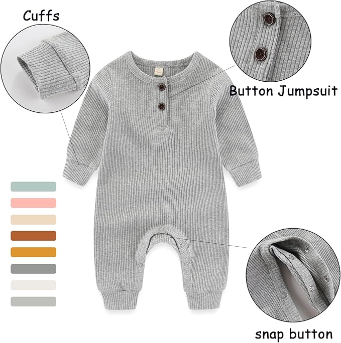 Newborn Baby Boys Girls One Piece Romper With Mitten Cuffs 3 Pack Long Sleeve Ribbed Button Jumpsuit Outfit Clothes
