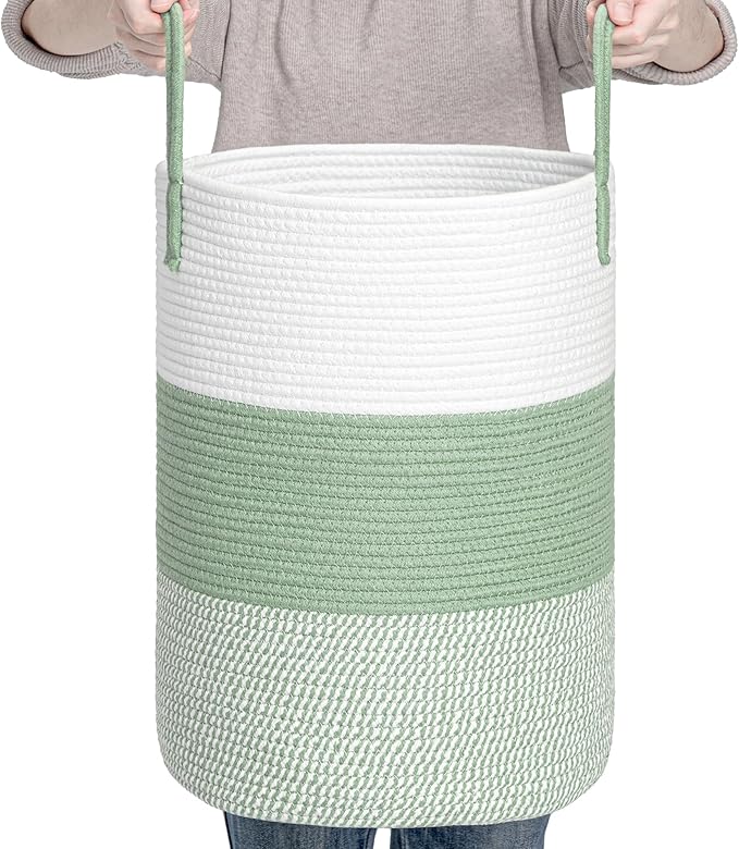 CLHMILY&Z 40L Laundry Basket Round Storage Rope Basket - 13x18 Inches - Green Hamper in Bedreoom and Cute Storage Bin for Blankets, Toys, and Nursery Essentials