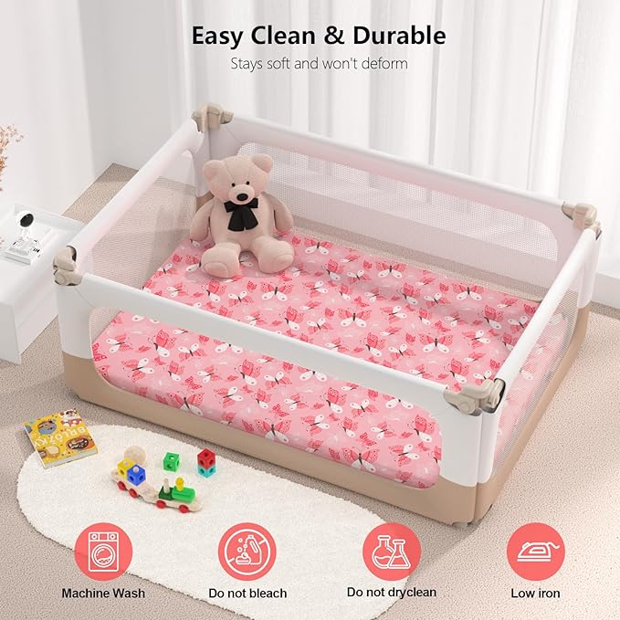 Pack N Play Sheets Fitted, 2-Pack Fit for Standard Pack N Play Mattress, Mini Crib Sheets,Breathable Soft Unisex Playard Sheets (Daisy & Black Butterfly)