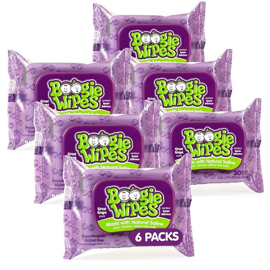Baby Saline Wipes by Boogie for Face, Body & Nose, for Baby and Kids Made with Natural Saline, Grape Scent, 180 Count (Pack of 6)