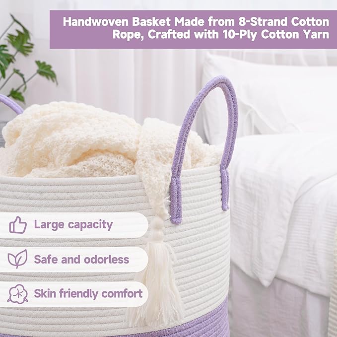 CLHMILY&Z 40L Laundry Basket Round Storage Rope Basket - 13x18 Inches - Lavender Hamper in Bedreoom and Cute Storage Bin for Blankets, Toys, and Nursery Essentials
