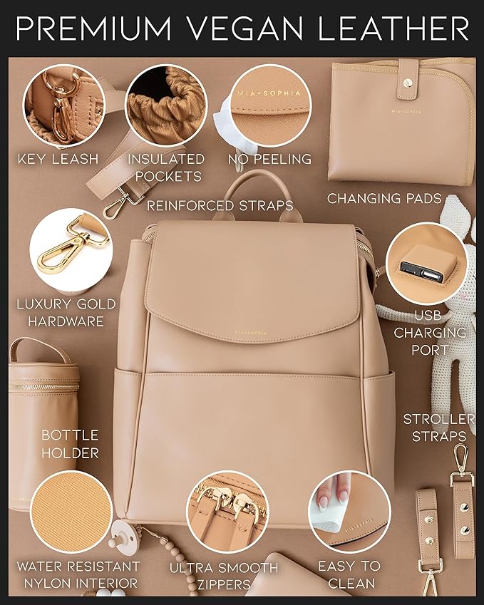 MIA + SOPHIA Leather Diaper Bag Backpack with USB Charging port, Changing Pad, Stroller Straps, and Bottle Holder (Brown Olivia)
