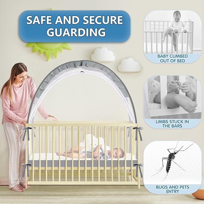 Crib Tent - Crib Net to Keep Baby in, Stop Baby from Climbing Out of Crib, Pop Up Baby Crib Tent with Double Zip Strong Rods and Breathable Net Clear Visibility Easy to Install (Grey, Large)