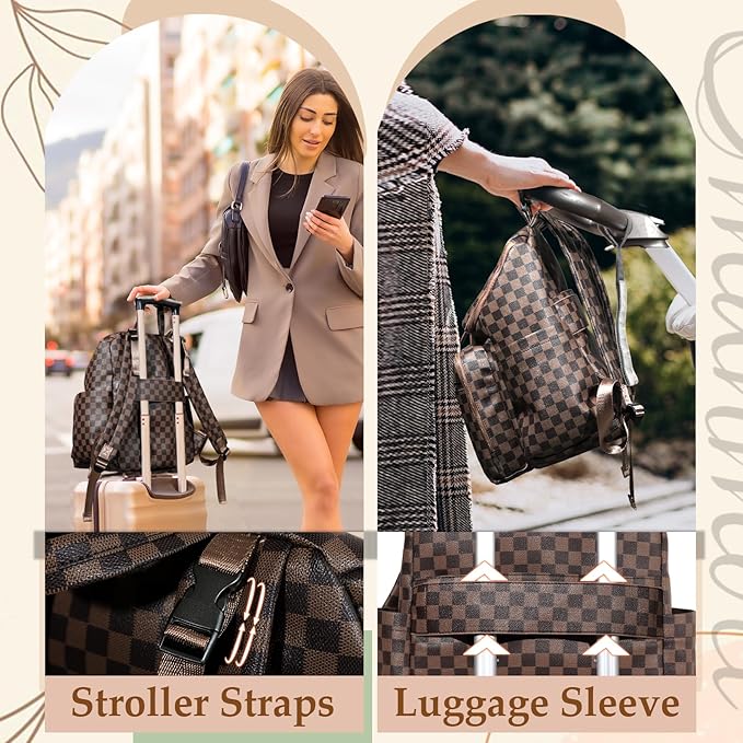 Checkered Diaper Bag Backpack Large Baby Diaper Bag Leather with 17 Diaper Bag Organizing Pouches,Changing Pad,Stroller Straps,4 Insulated Pockets, Coffee
