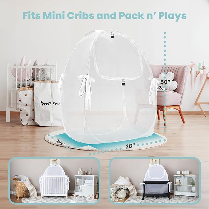 Mini Crib and Pack and Play Tent, Net Canopy to Keep Baby from Climbing Out, Breathable Mesh with Auto-Lock Zipper and Latch, Safety Tent for Travel and Sleep (Mosquiteros para Cunas de Bebes)