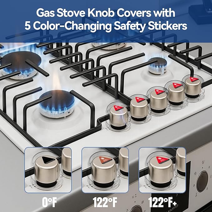 Stove Knob Safety Covers, 5Pcs Universal Size with 5 Heat Alert Stickers Oven Knob Covers for Child Safety, 2nd Gen Kitchen Burner Childproofing, Gas Stove Knob Locks for Kid Baby Pet (Clear)