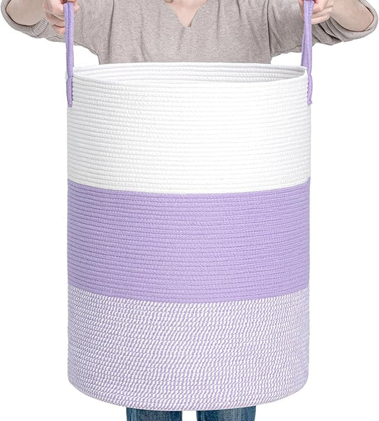 CLHMILY&Z 100L Laundry Basket Round Storage Rope Basket - 18.1x24 Inches - Lavender Hamper in Bedreoom and Cute Storage Bin for Blankets, Toys, and Nursery Essentials