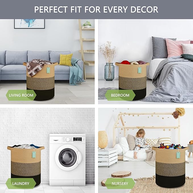 Large Blanket Basket, Nursery Hamper, Tall Laundry Basket 72L, Cotton Rope Woven Laundry Hamper for Storage Toys Clothes Towels, 16”x 22”, Brown & Black