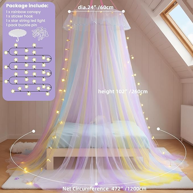 Rainbow Bed Canopy with Lights for Girls | Double Layer Mesh Netting Princess's Birthday Gift Ruffle Lace Decor for Room Bed Canopy Netting Mosquito Net | Home Decor for Twin/Full/Queen/King