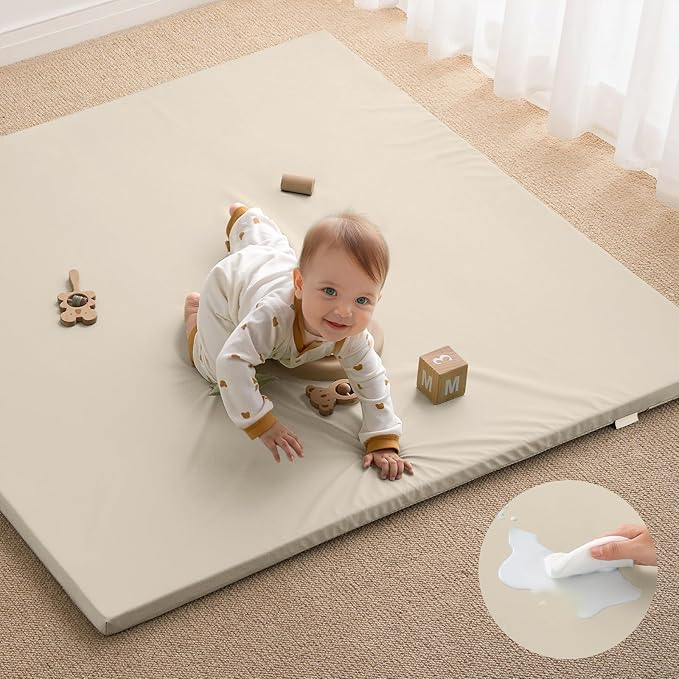 Blissful Diary Vegan Leather Baby Play Mat, 50x50 Thick Foam Cushioned & Waterproof Playpen Mat for Infants and Toddlers, Stylish and Just Wipe-Clean Playmat for Baby Play on Floor, Beige