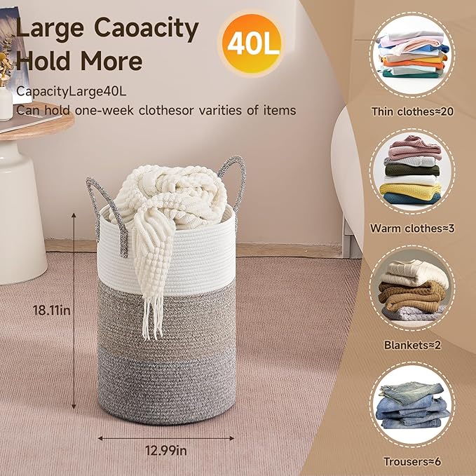 CLHMILY&Z 40L Laundry Basket Round Storage Rope Basket - 13x18 Inches - Laundry Hamper in Bedreoom and Mutil Storage Bin for Blankets, Toys, and Nursery Essentials