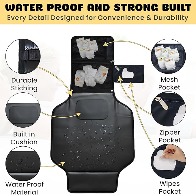 Baby Portable Diaper Changing Pad - Foldable Travel Changing Mat with Memory Foam Pillow & Wipes Dispenser, Waterproof Infant Diaper Kit for Car, Stroller & On-The-Go, Shower Gift for Newborn