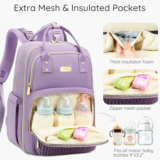 Diaper Bag Backpack - Large Multi functional, Boys, Girls & Baby Travel Essentials Tote with Changing Pad, Insulated Pockets, Stroller Straps, Waterproof - Baby Backpack for Mom & Maternity (Purple)